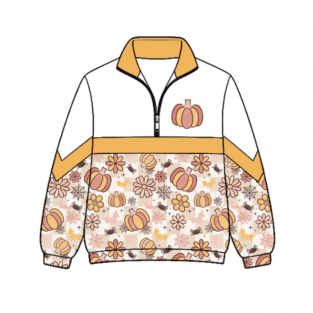 Preorder (moq 5)Baby Girls Spider-web Bats Pumpkins Halloween Zip Pullovers Top
