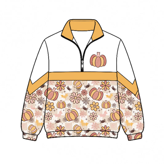 Preorder (moq 5)Baby Girls Spider-web Bats Pumpkins Halloween Zip Pullovers Top