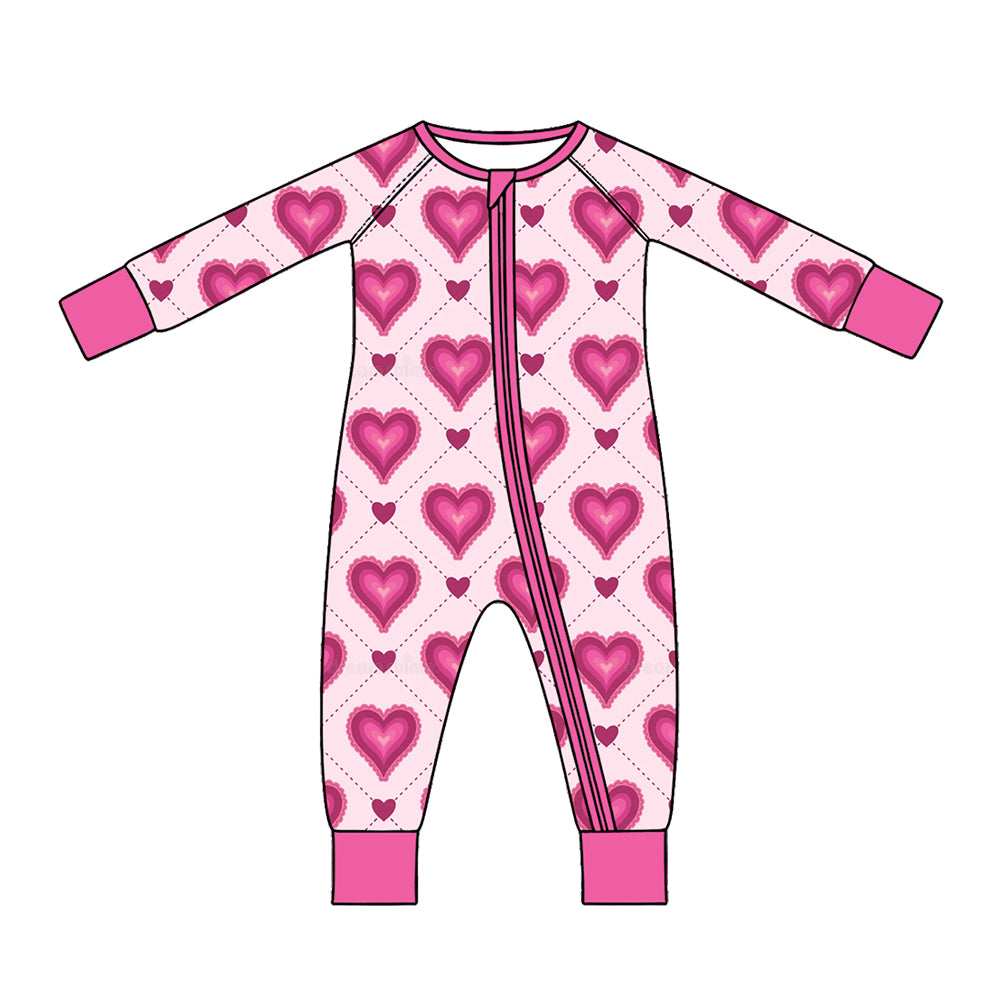 Preorder (moq 5) Baby Girl Clothes Valentine Diamond Layered Heart Print Long Sleeve Zipper Romper