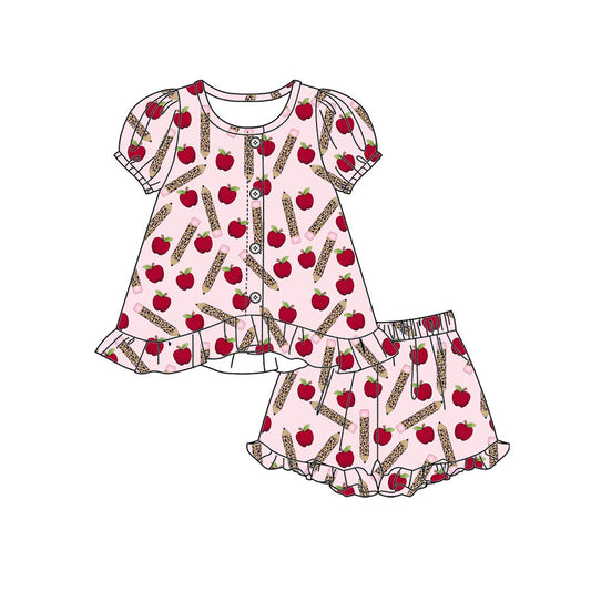 Preorder moq 5 Baby Girls Apples Pencils Button Tunic Ruffle Shorts Clothes Set