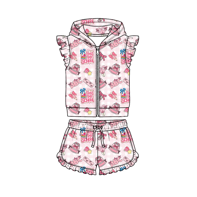 Preorder (moq 5)Baby Girls ABC Pencils Hoodie Zip Jacket Ruffle Short Back to School Clothes Sets