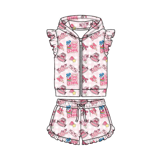 Preorder (moq 5)Baby Girls ABC Pencils Hoodie Zip Jacket Ruffle Short Back to School Clothes Sets