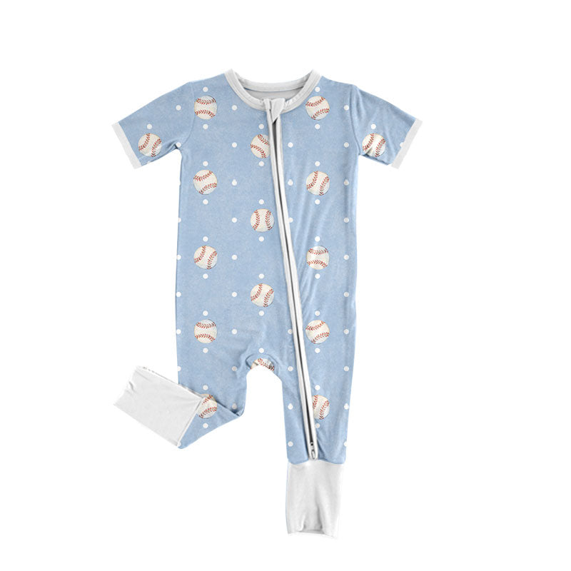 Preorder (moq 5) Baby Boy Clothes Baseball Polka Dot Print Short Sleeve Zip Front Romper Jumpsuit