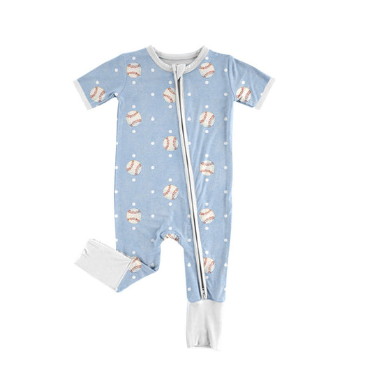 Preorder (moq 5) Baby Boy Clothes Baseball Polka Dot Print Short Sleeve Zip Front Romper Jumpsuit