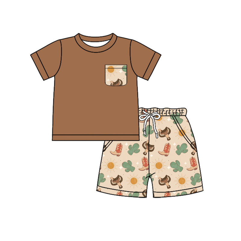 Preorder (moq 5)Baby Boys Brown Pocket Top Cactus Boots Shorts Clothes Sets