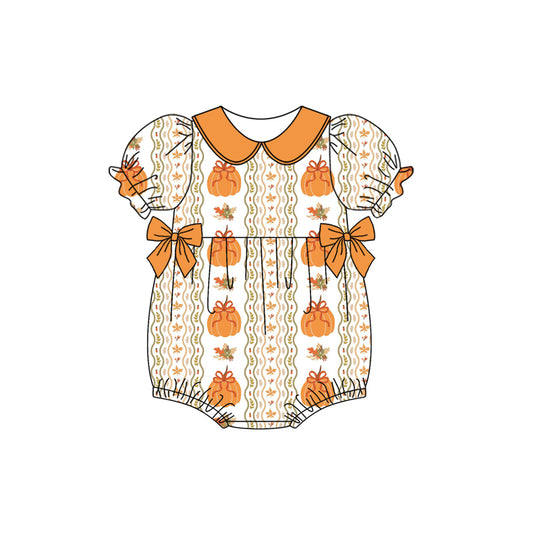 Preorder (moq 5)Baby Girls Orange Short Sleeves Pumpkins Stripe Ruffle Rompers