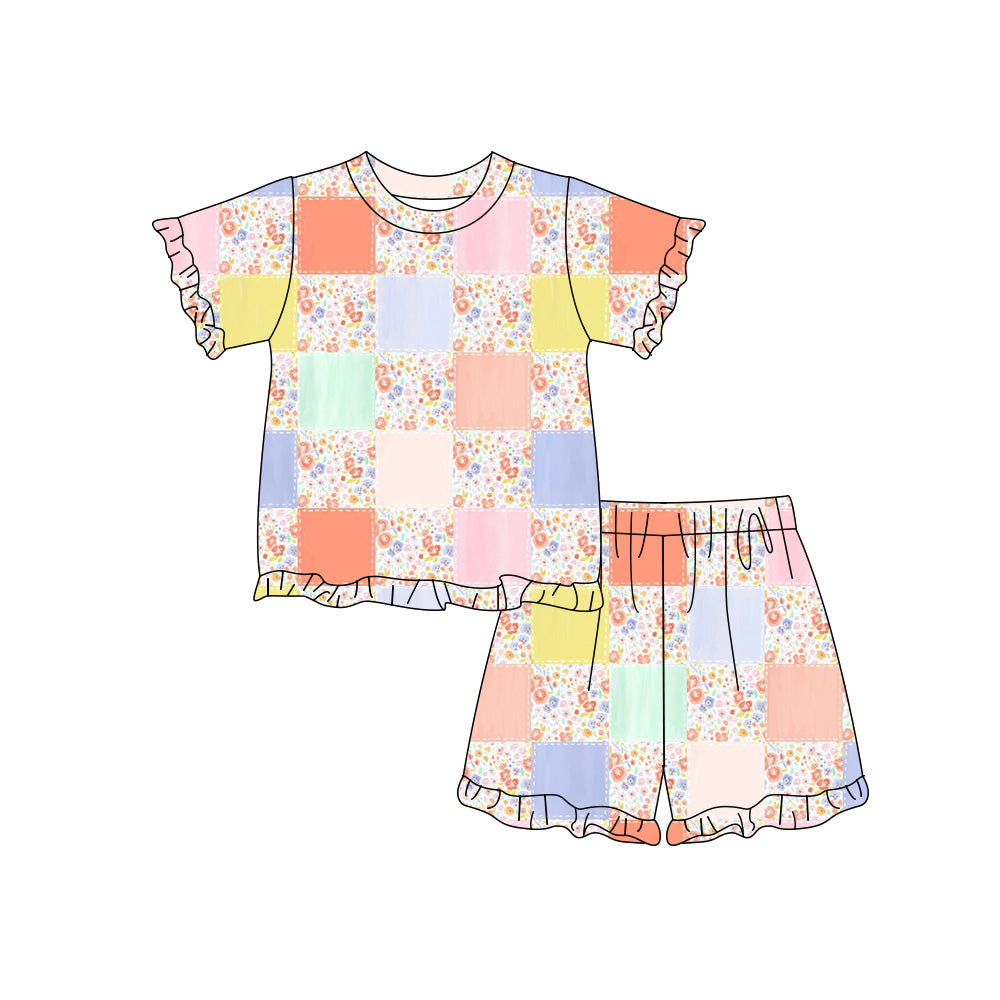 Preorder (moq 5)Baby Girls Colorful Checked Flowers Top Ruffle Short Clothes Sets