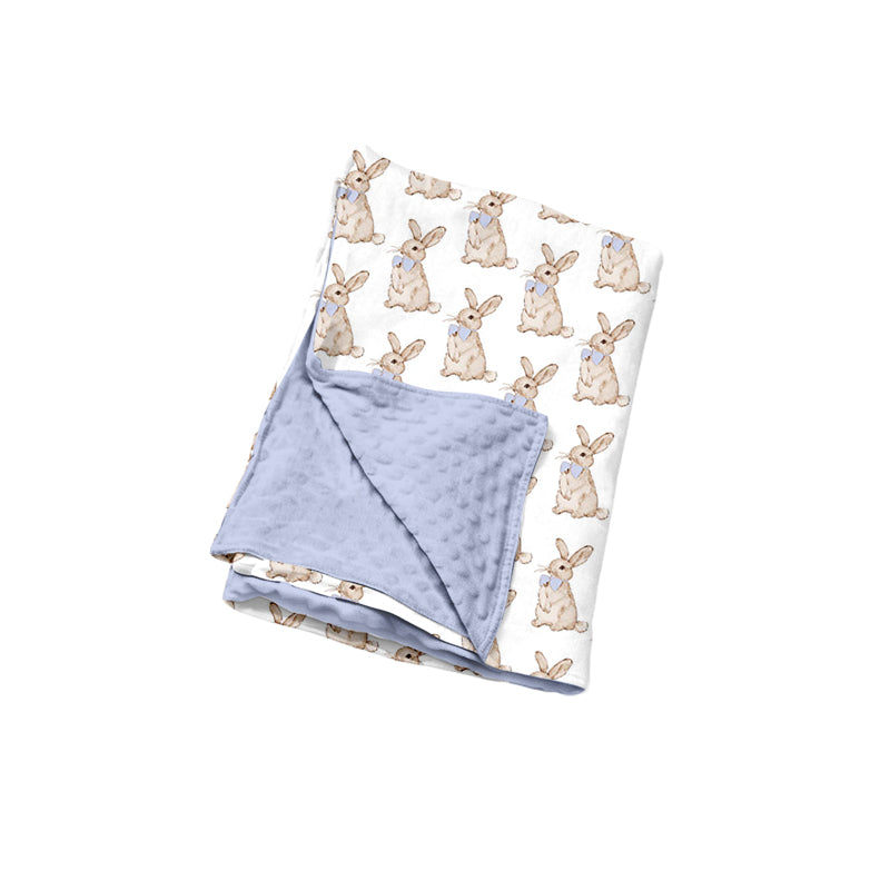 Preorder (moq 5) Baby Girl Clothes Watercolor Bunny Blue Bow Allover Print Double Layer Minky Dot Baby Blanket
