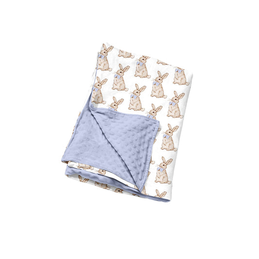 Preorder (moq 5) Baby Girl Clothes Watercolor Bunny Blue Bow Allover Print Double Layer Minky Dot Baby Blanket