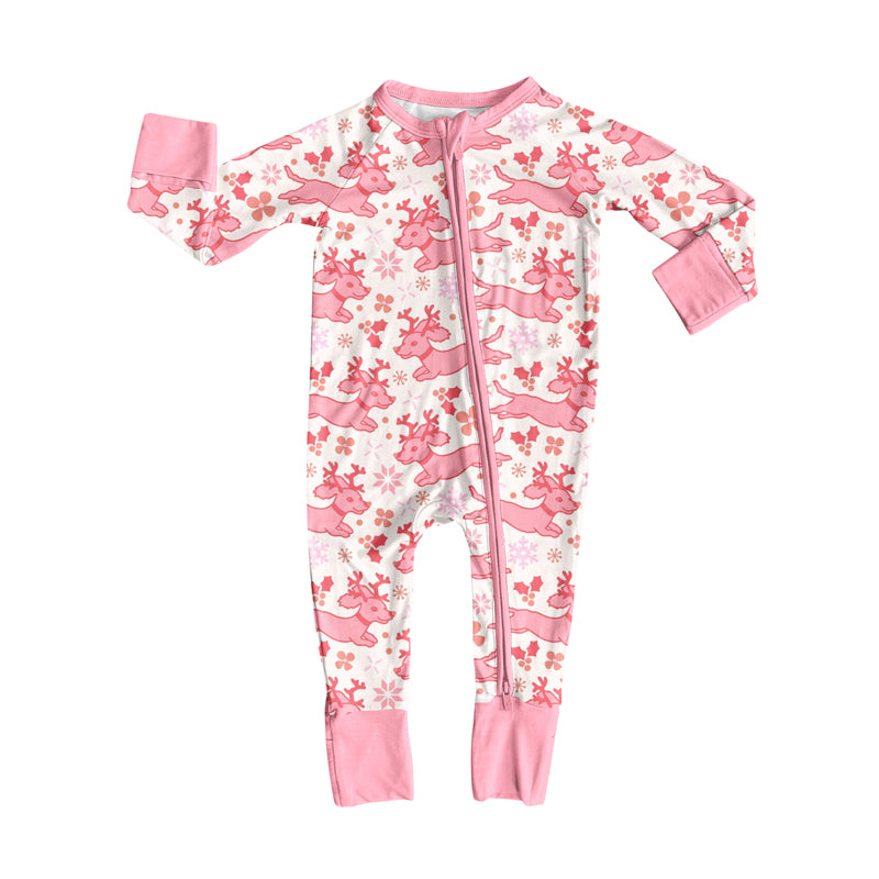 Preorder(moq 5)Baby Girls Pink Deer Snowflakes Zipper Pant Rompers