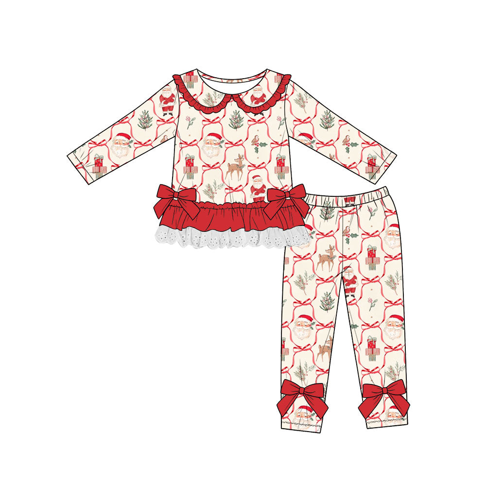 Preorder (moq 5)Baby Girls Santa Deer Bows Checked Lace Ruffle Top Leggings Christmas Sets