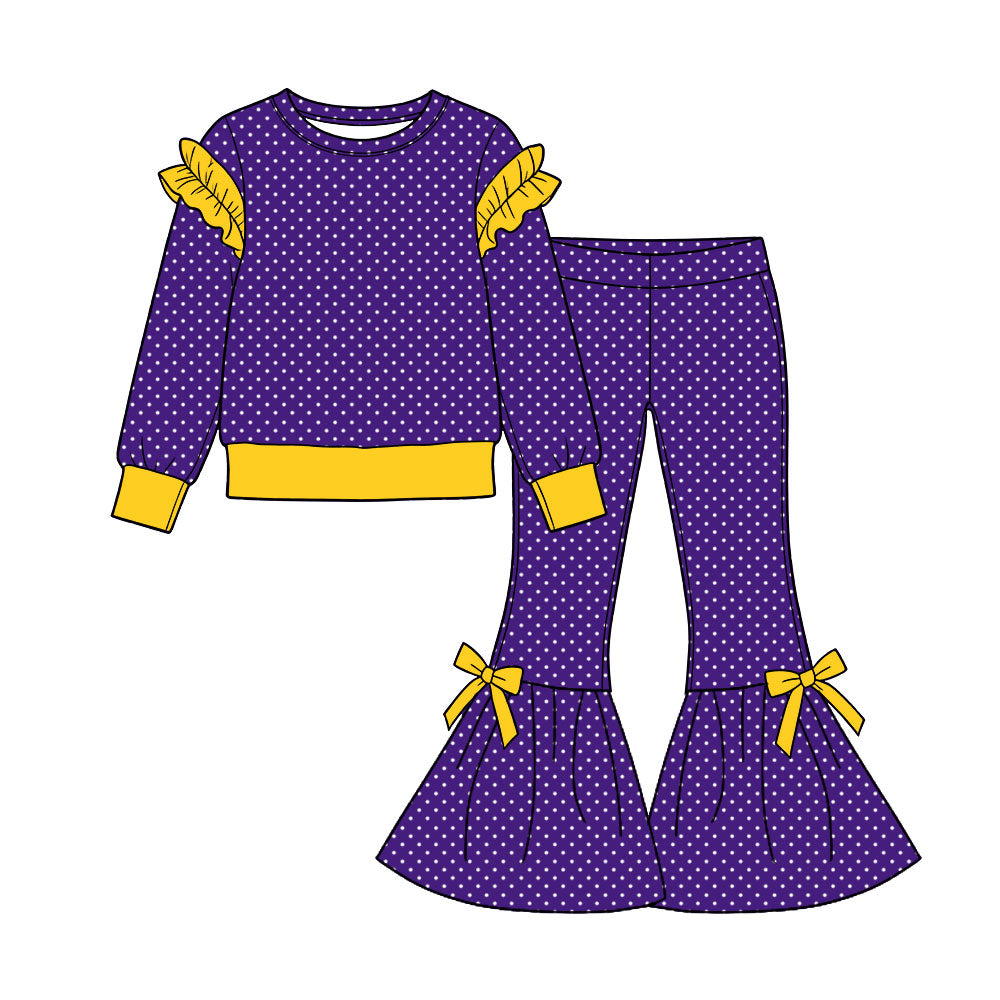 Preorder (moq 5) Baby Girl Clothes Purple White Polka Dot Mixed Print Long Sleeve Flare Pant Set