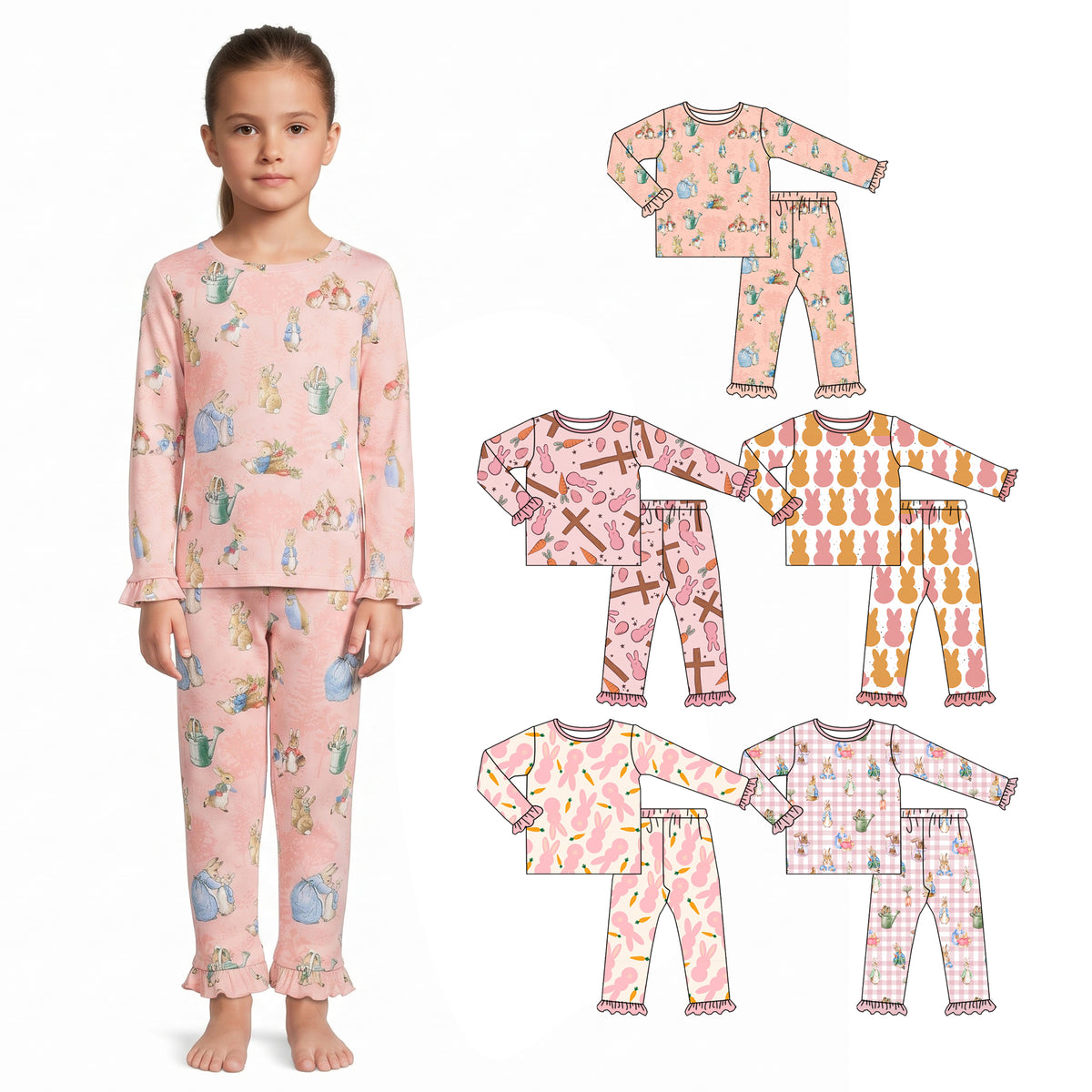Preorder (moq 5) Baby Girl Clothes Cream Pink Bunny Carrot Silhouette Print Long Sleeve Ruffle Pajama Set