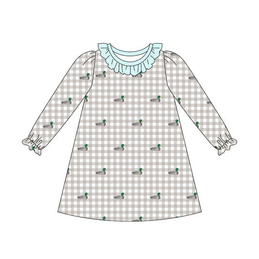 Preorder (moq 5)Baby Girls Long Ruffle Sleeve Ducks Checked Hunting Knee Length Dress