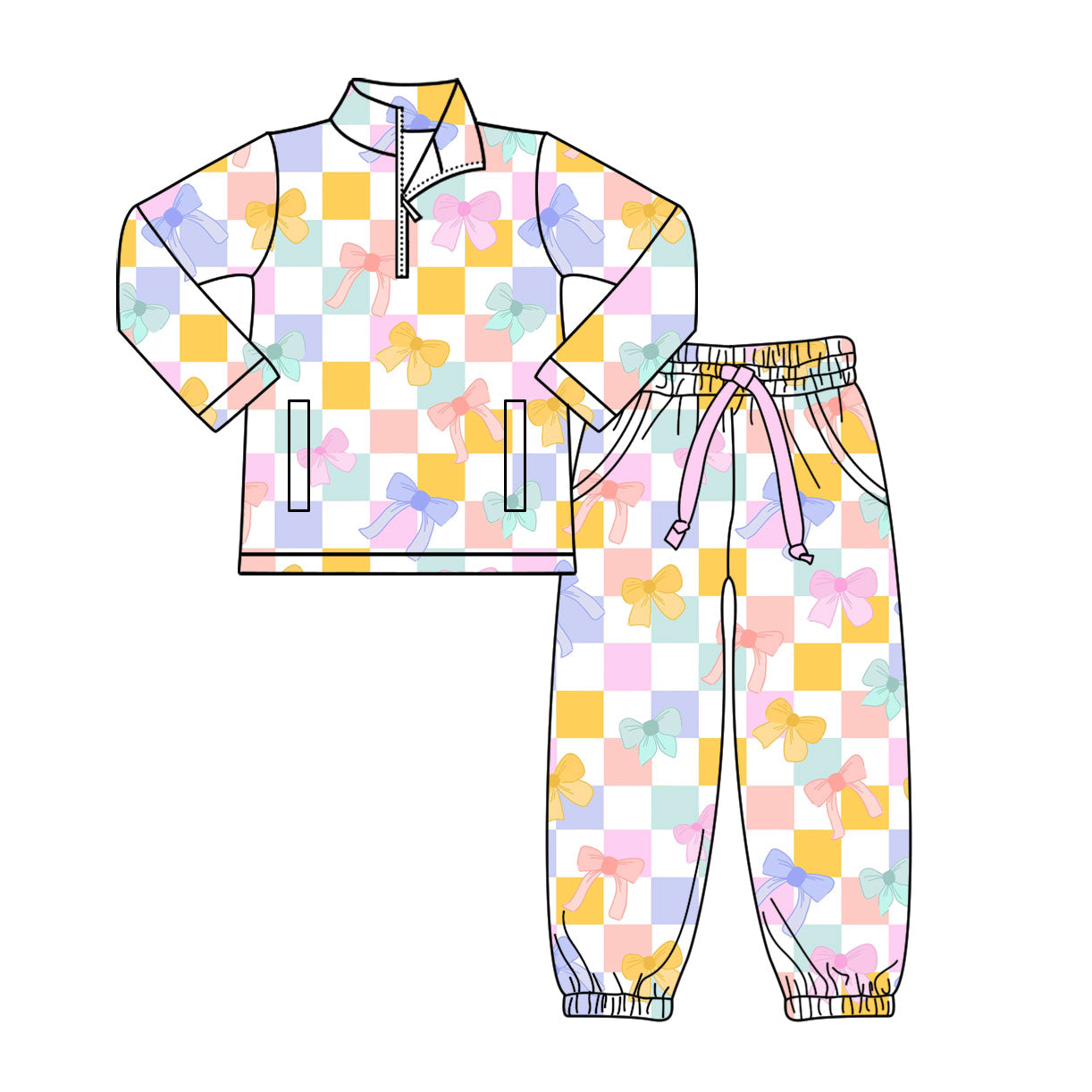 Preorder(moq 8)Baby Girls Colorful Bows Checked Zipper Pockets Pullovers Jogger Pants Clothes Set