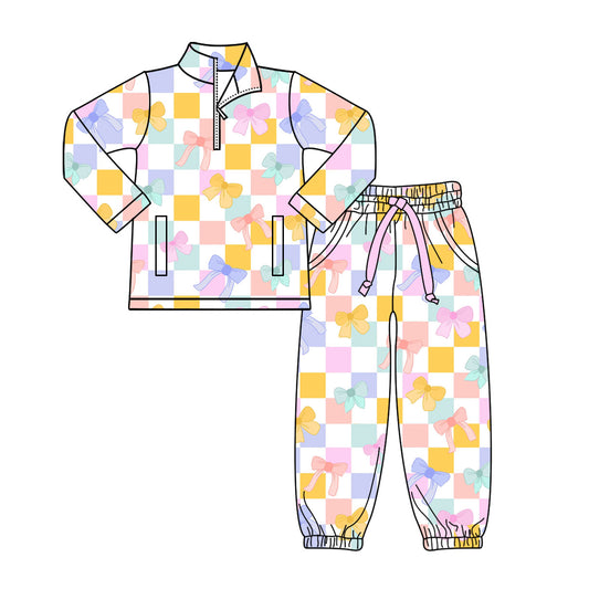 Preorder(moq 8)Baby Girls Colorful Bows Checked Zipper Pockets Pullovers Jogger Pants Clothes Set