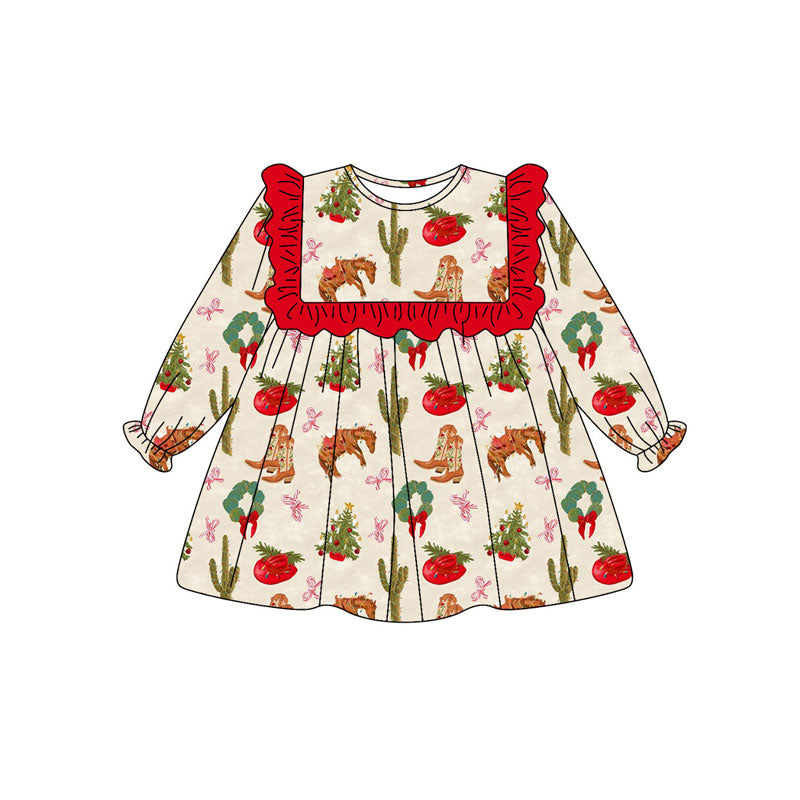 Preorder(moq 8)Baby Girls Long Sleeve Holly Trees Horses Hats Christmas Knee Length Dresses