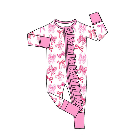 Preorder (moq 20)Baby Girls Bamboo Pink Bows Ruffle Zippy Footie Rompers