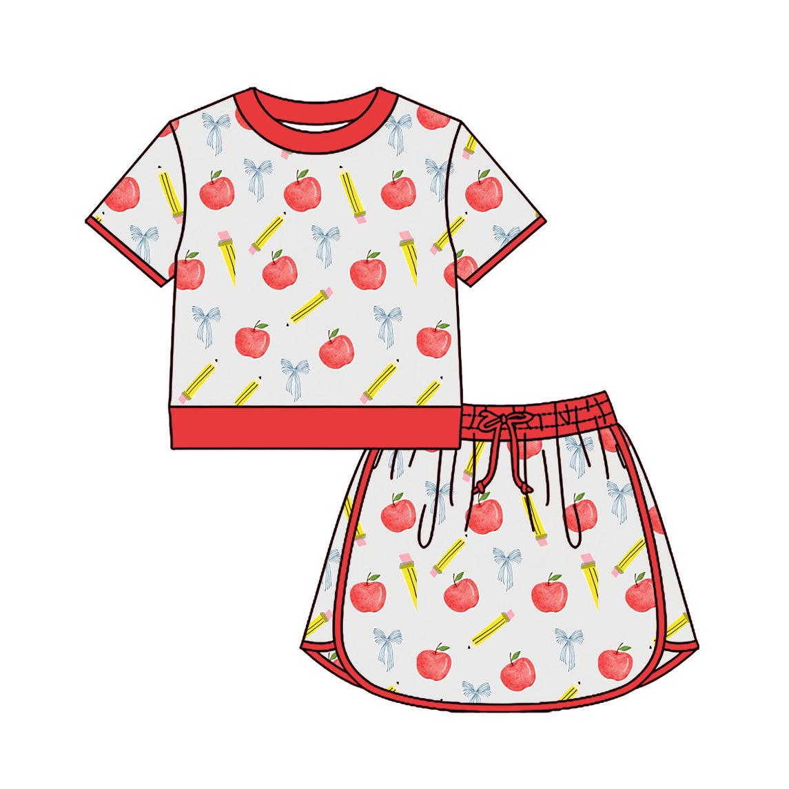Preorder (moq 5)Baby Girls Apple Pencils Top Skirt Short Back to School Clothes Sets