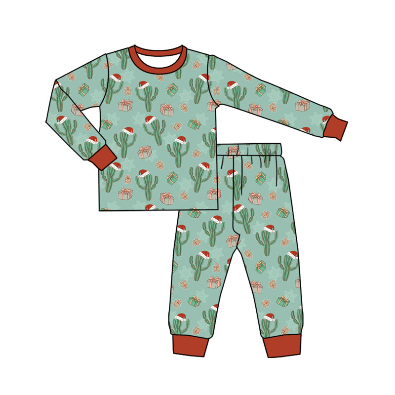 Preorder(moq 5) Baby Boys Long Sleeves Christmas Hats Cactus Plaid Top Pants Pajamas Set