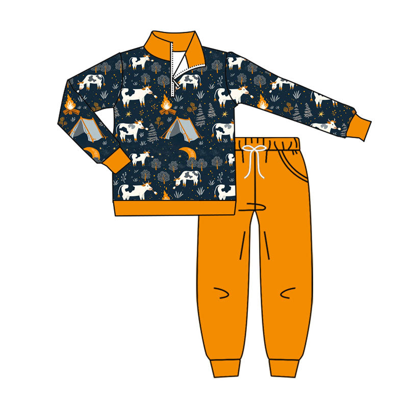 Preorder (moq 5)Baby Boys Cows Fire Adventure Zipper Pullover Pockets Jogger Clothes Sets