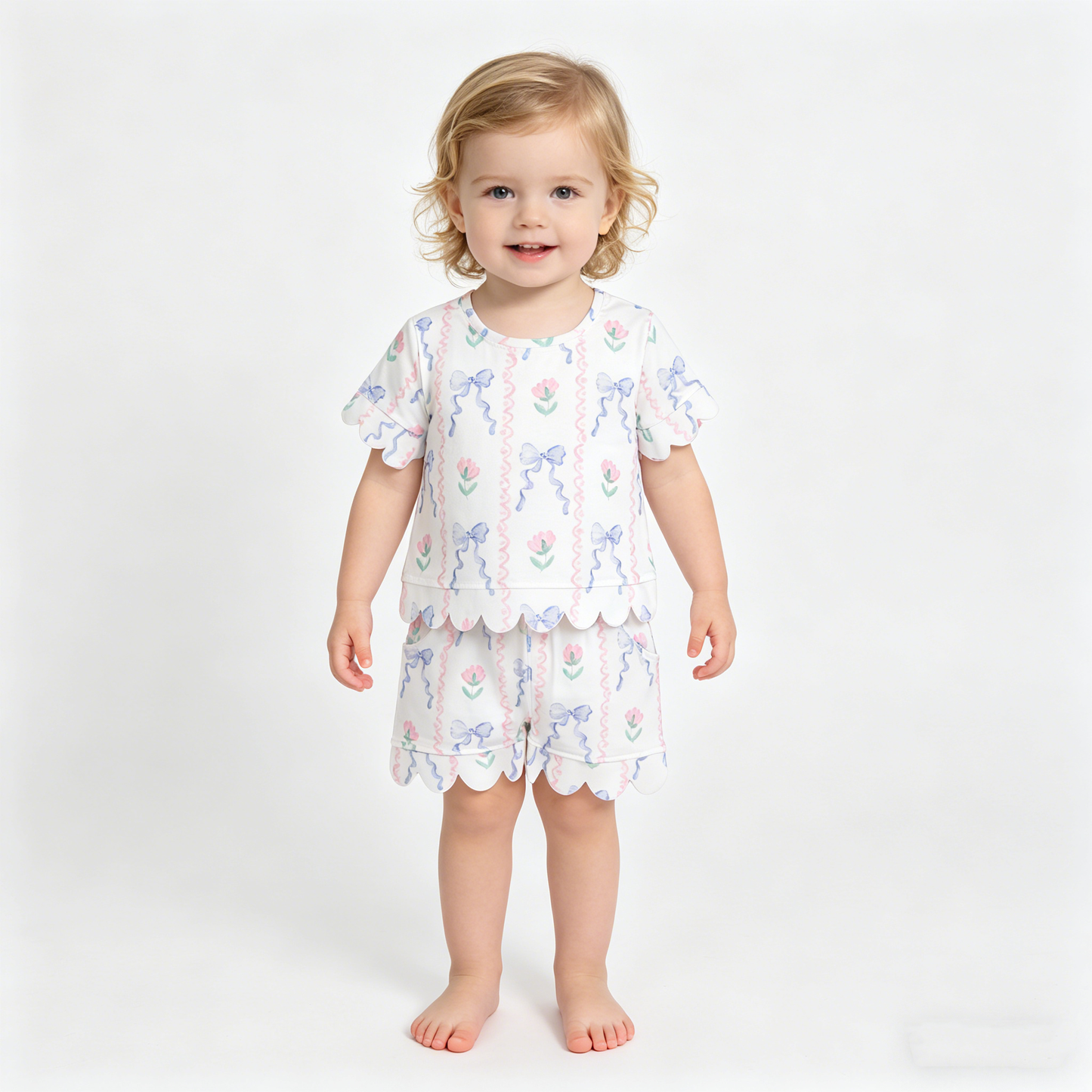 Baby Girls Short Sleeve Blue Bow Flowers Stripe Top Shorts Scallop Clothes Sets