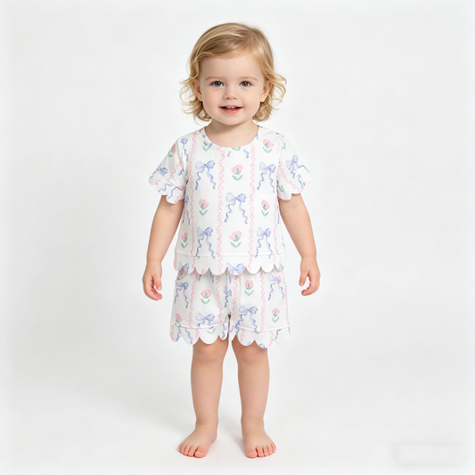 Baby Girls Short Sleeve Blue Bow Flowers Stripe Top Shorts Scallop Clothes Sets