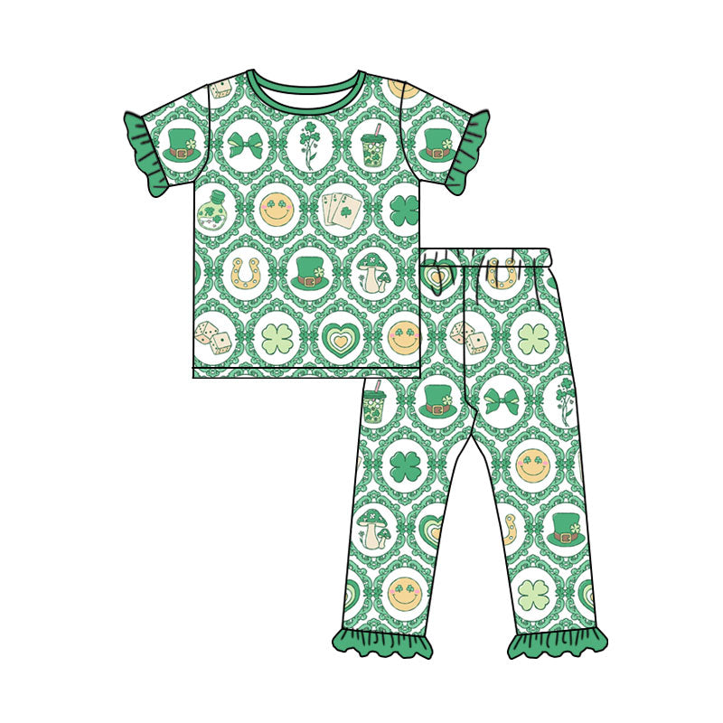 Pre-order(moq5) Baby Girl Clothes St Patrick’s Day Clover Vintage Frame Print Short Sleeve Ruffle Top Ruffle Pant Set
