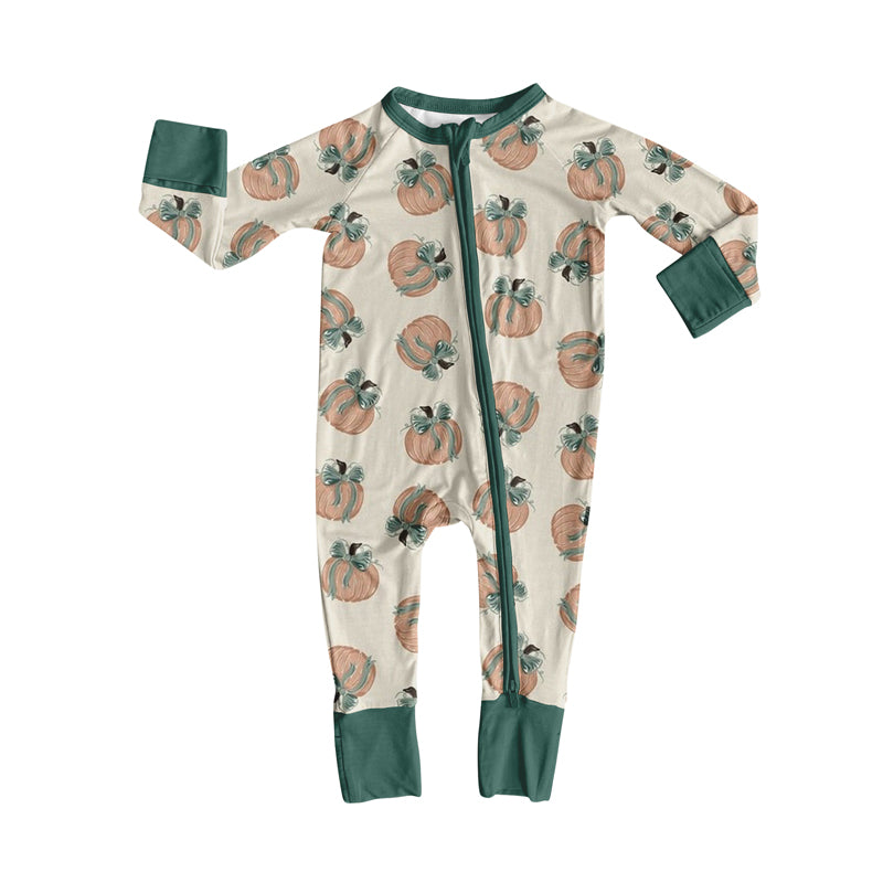 Preorder moq 5 Baby Infant Boys Long Sleeves Green Bows Pumpkins Plaid Zipper Romper
