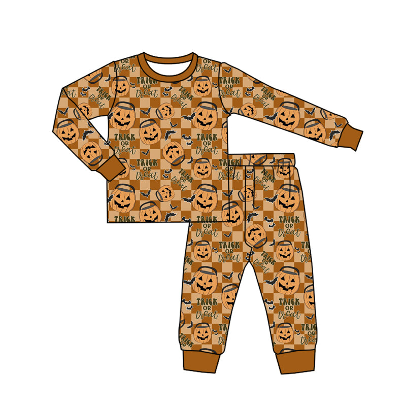 Preorder (moq 5)Baby Boys Khaki Plaid Long Sleeves Ghosts Pumpkins Top Pant Pajamas Set