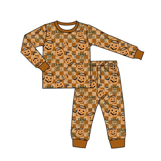 Preorder (moq 5)Baby Boys Khaki Plaid Long Sleeves Ghosts Pumpkins Top Pant Pajamas Set