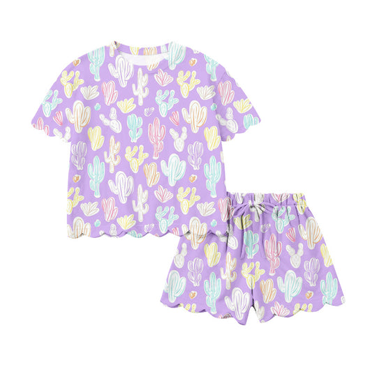 Preorder (moq 5)Baby Girls Colorful Cactus Top Scallop Shorts Western Clothes Sets