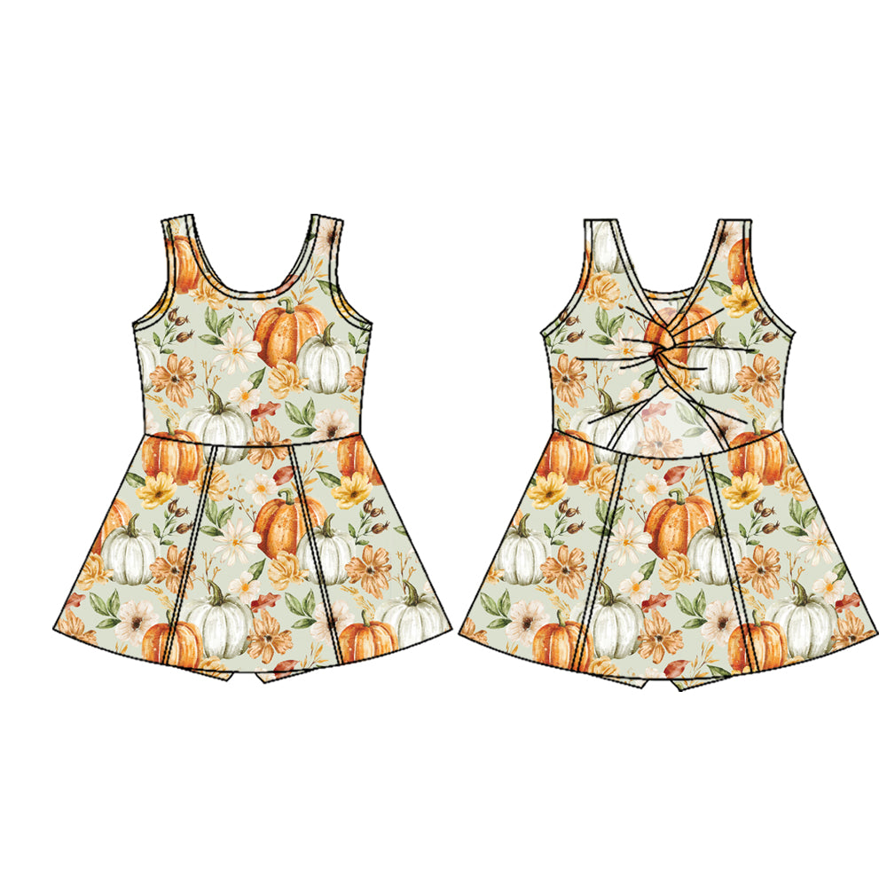 Preorder (moq 5)Baby Girls Sleeveless Flowers Pumpkins Shorts Knee Length Dresses