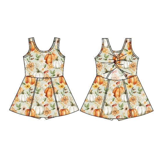 Preorder (moq 5)Baby Girls Sleeveless Flowers Pumpkins Shorts Knee Length Dresses