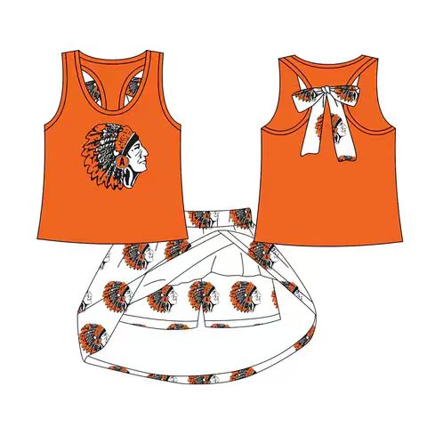 Preorder (moq 5)Baby Girls Orange India bow vest team Top Skirt Skort Sets