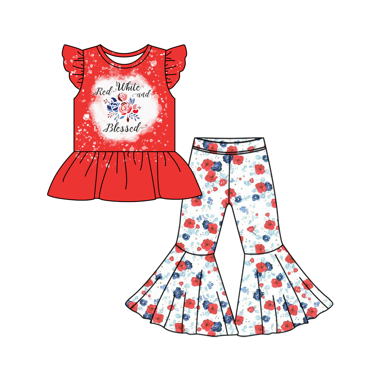 Preorder (moq 5)Baby Girls Red White Blessed Shirt Top Bell Pants Clothes Sets