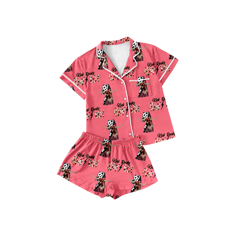 Preorder (moq 5)Baby Girls Pink Highland Cow Buttons Top Shorts Pajamas Clothes Sets