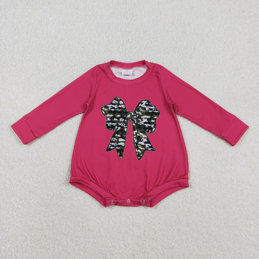 Baby Girls Hot Pink Long Sleeve Olive Camo Bows Southern Rompers