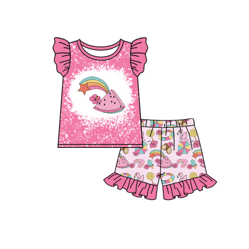 Baby Girls Summer Flamingo Shirt Ruffle Shorts Clothes Sets preorder(moq 5)