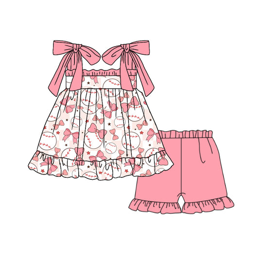 Baby Girls Baseball Bows Straps Straps Top Ruffle Shorts Clothes Sets Preorder(moq 5)