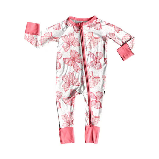 Preorder (moq 20)Baby Girls Bamboo Pink Bows Polka Dots Zippy Footie Rompers