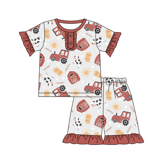 Baby Girls Red Farm Shirts Top Ruffle Shorts Pajamas Clothes Sets preorder(moq 5)