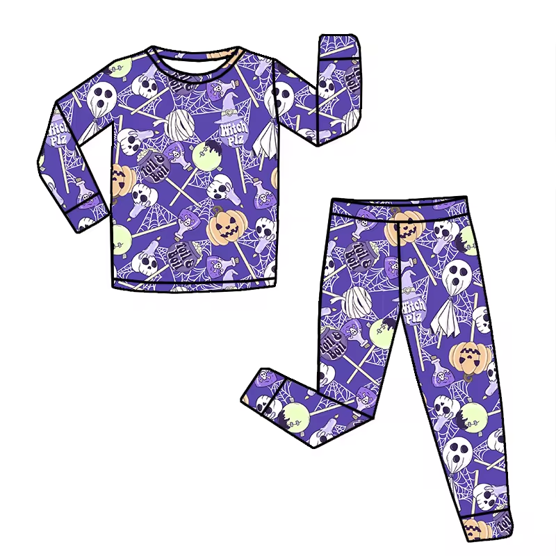 Baby Girls Bamboo Purple Halloween Ghost Shirt Pants Pajamas Clothes Sets Preorder(moq 5)