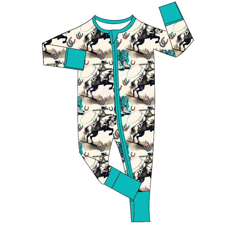 Baby Infant Boys Western Rodeo Horse Zip Rompers preorder(moq 5)