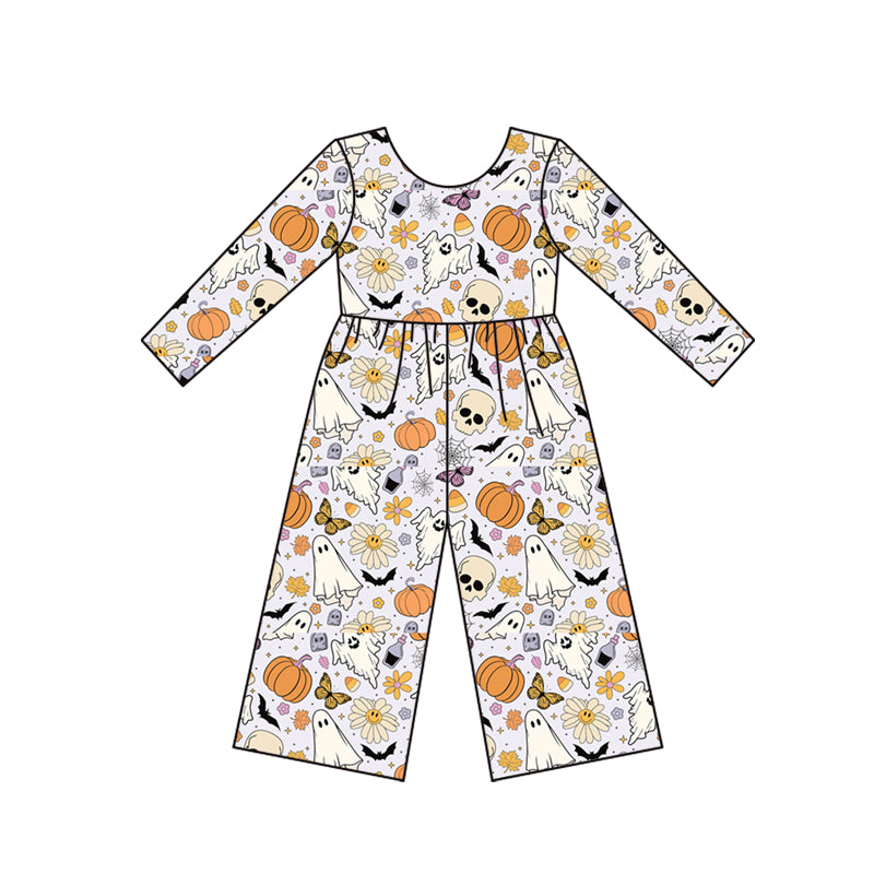 Baby Girls Halloween Pumpkin Ghost Flowers Long Sleeve Jumpsuits Preorder(moq 5)