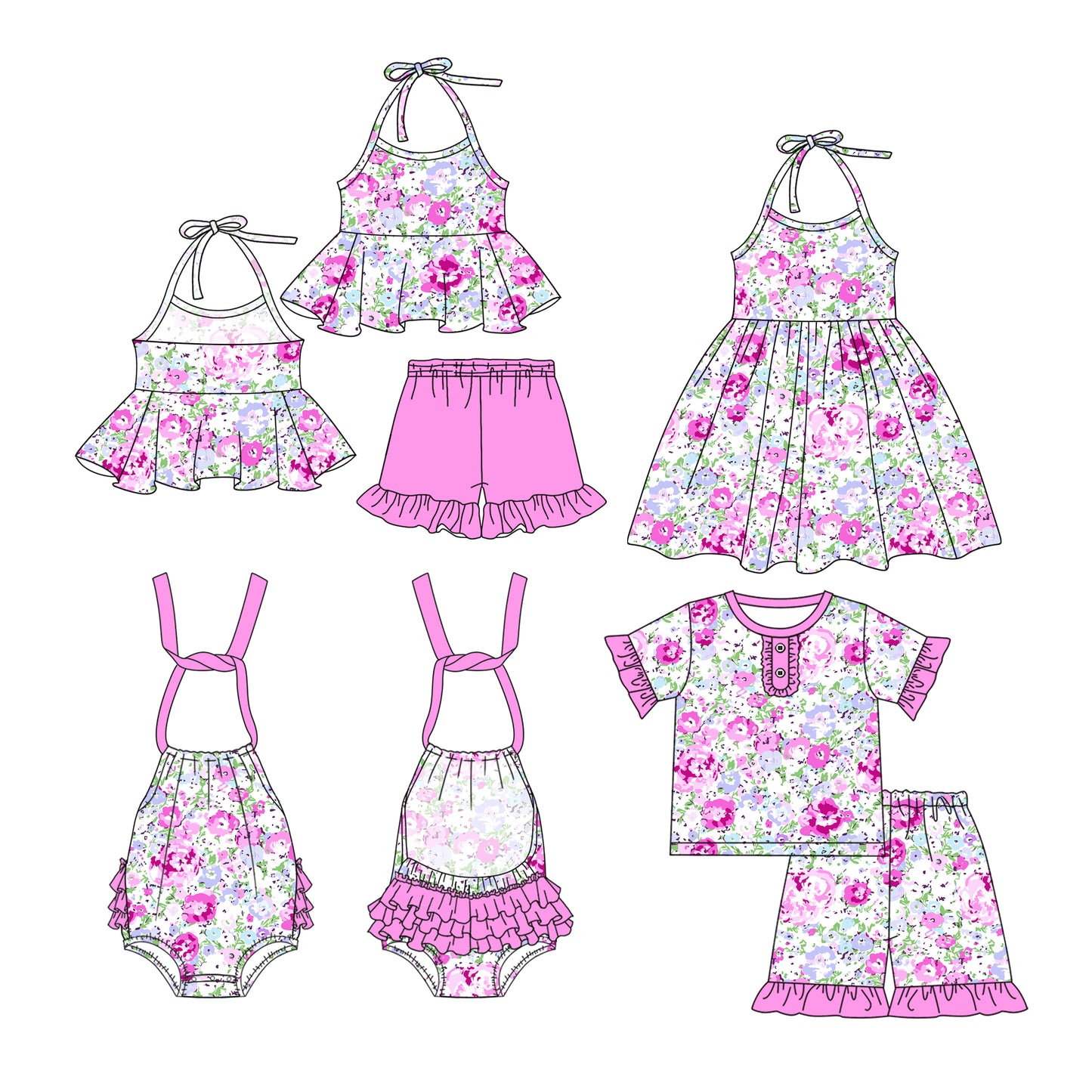 Preorder moq 5 Custom Baby Girls Strap Pink Floral Tunic Ruffle Short Set Knee Length Dress And Rompers