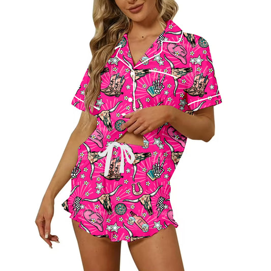 Preorder moq 5 Adult Women Western Pink Cow Button Pocket Top Short Pajamas
