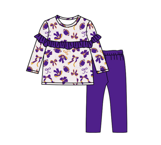 Baby Girls Football Purple Bow Tunic Tee Shirt Top Pants Clothes Sets Preorder(moq 5)