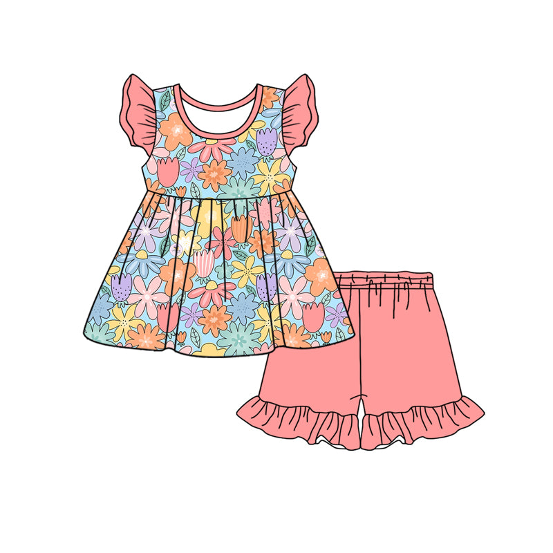 Preorder (moq 5)Baby Girls Flowers Pink Tunic Top Ruffle Shorts Clothes Sets