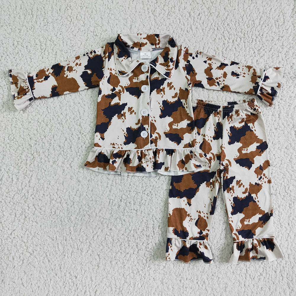 Sibling Baby Girls Western Horses Cows Print Leopard Button Top Ruffle Pants Pajamas Sets